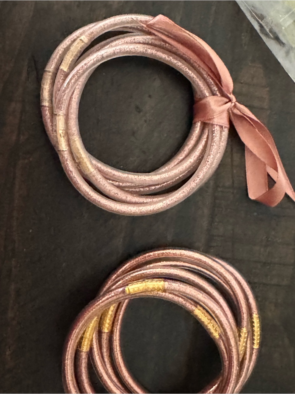 Women's Metallic Rose Gold Coil Bracelet Set with Ribbon Tie